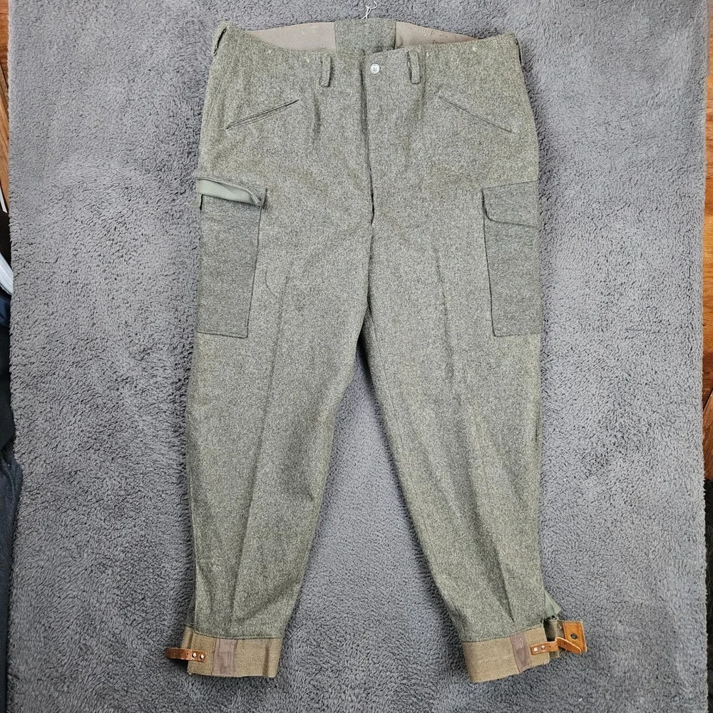 Vintage‎ Swedish Military M58 Wool Cargo Pants Green Leather Ankle Straps 42x30